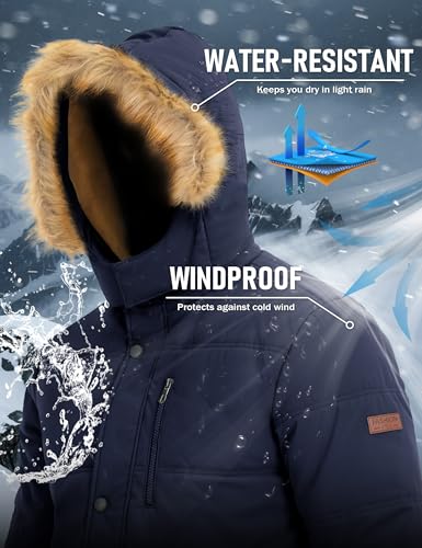 MAGCOMSEN Herren Fleece Parka Gefüttert Outdoor Winterjacke Winddicht Freizeitjacke Warme Daunenjacke Männer Fahrrad Arbeitsjacke Dick Wandern Mantel mit Abnehmbar Kapuze Dunkelblau L