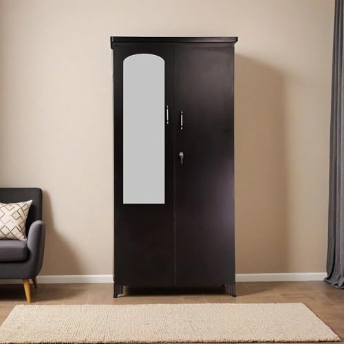 Image of CASPIAN 2-Door Wardrobe (17mm Thick Shelf's) Coffee Black | Pre-Assembled Almirah with Mirror, Hanging Space, 4 Shelves, 2 Drawers & Secure Locker | Durable Engineered Wood Clothes Storage Cupboard.