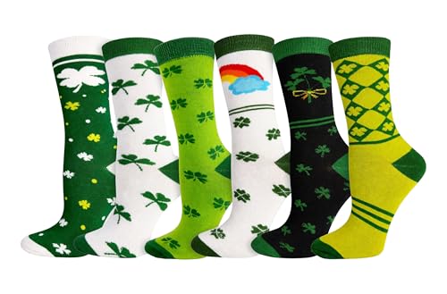 Winterlace 6 Pairs St Patricks Day Socks for Women, Fashion Holiday Novelty Crew Sock Irish Green Shamrock (Assorted #1)