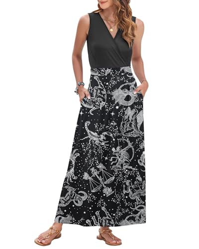 Image of AUSELILY Womens Maxi Dress Summer Sleeveless Wrap Long Dresses with Pockets | V-Neck Wrap Sleeveless Sundress, fits formal, casual, beach, vacation & daily wear