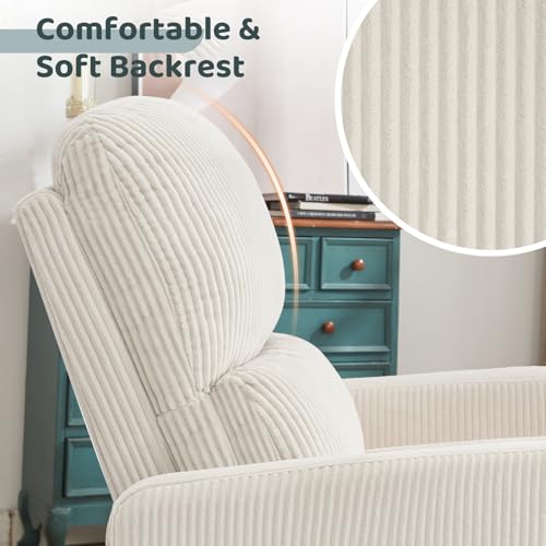 Image of Swivel Rocker Recliner, Oversized Manual Nursery Glider Rocking Recliner Chair with Removable Cushion, Upholstered Corduroy Swivel Reclining Chair for Nursery Living Room Bedroom, Cream White