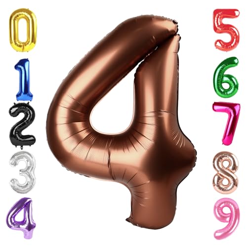 Image of 40 Inch Brown Number 4 Balloon Birthday Party Decorations for Men & Women | 40 Inch Brown inflatable foil number balloons, large birthday decorations for 4th birthday