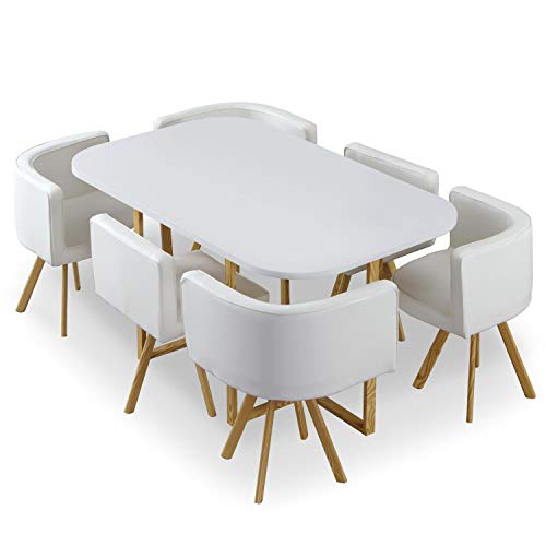 Menzzo Ensemble Table + 6 Chaises Oslo XL Blanc & Simili Blanc – Table Rectangulaire 150x90 cm – Set Salle à Manger Design Moderne Scandinave pour 6...