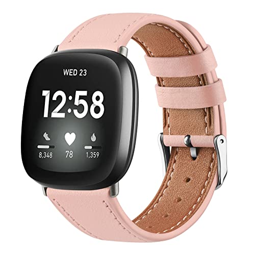 Leather Straps for Fitbit Versa 4, Versa 3, Sense 2, and Sense - Genuine Leather Replacement Band for Women and Men (Pink)