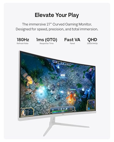 Image of Pixio PXC278WAVE White 27 inch 180Hz Refresh Rate QHD 1440p Resolution 1650R Curve Fast VA Panel 1ms GTG Response Time HDR Curved Gaming Monitor and PS1S Wave White Single Monitor Arm