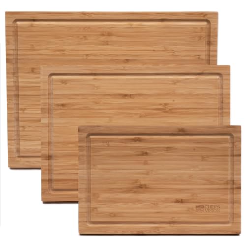 Chef's Vision Set de 3 Tablas de Cortar de Bambú, 0.8 Pulgadas de Grosor, Formato Rectangular con Manijas Integradas y Surcos para Jugos