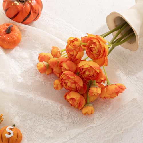 U'Artlines Mini Ranunculus Artificial Flowers Bouquet 20 PCS Citrus Orange - image 4