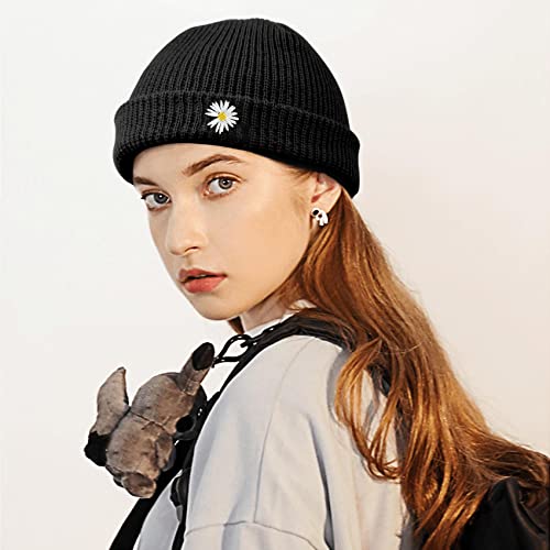 Traqueu Embroidered Daisy Black Fisherman Beanie Watch Cap Knit Winter Hat Skull Cap #TOP2