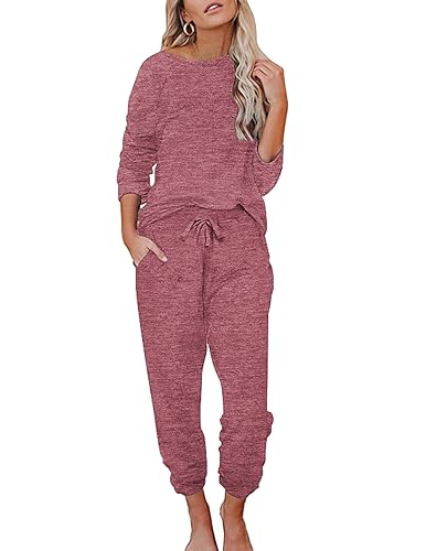 Ekouaer Damen Schlafanzug Lang Weich Pyjama Set mit Taschen Zweiteiler Sleepwear Winter Hausanzug Rot M