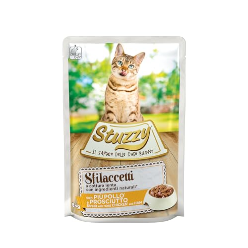 Stuzzy, Cibo Umido Completo per Gatti Adulti con Pollo Prosciutto, in Sfilaccetti - (24 buste da 85g)