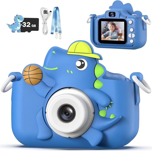 Kids Camera for Boys Girls 1080P HD Digital Selfie Camera with Cute Protective Cover and 32G SD Card Christmas Birthday Gifts Toys for 3 4 5 6 7 8 9 10 11 12 Years Old (H32-Blue)