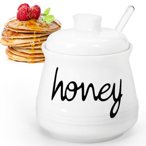 Cyimi Ceramic Honey Pot with Glass Dipper, 12 Oz, White