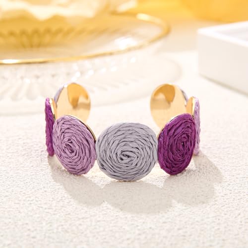 Raffia Multiple Circles Cuff Bracelet for Women, Handmade Colorful Round Bangle Geometric Adjustable Statement Bracelet4