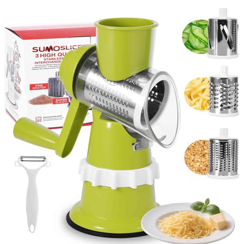 Cheese Grater, Rotary Cheese Grater with 3 Stainless Steel Graters,Cheeses Grater Rotary with Suction Cup Base, Rotary Grater,Rotary graters for Kitchen for Cucumber, Carrots, Nuts and More