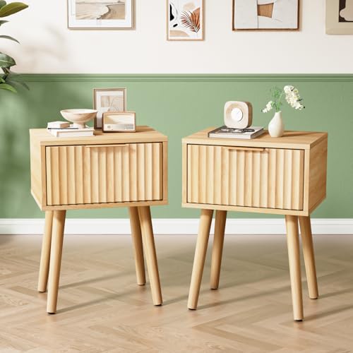 Image of VINGLI Night Stand Set 2, Fluted Nightstands with Drawer, Mid Century Modern Nightstands Set of 2, Bedside Table, End Table, Wood Nightstand for Bedroom, Natural Oak, 15.75 inch W*11.81 inch D*21.85 inch H