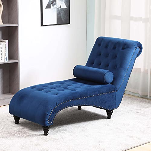 ONPNO Tufted Velvet Chaise Lounge Indoor, Leisure Accent Chair Upholstered Couch with Toss Pillow for Bedrooom Living (Blue), 55.1D x 25W x 34.3H in
