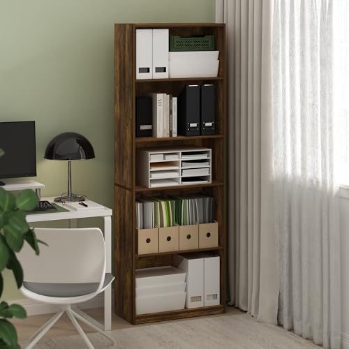 Image of Furinno GEHRY Book Shelf, 5-Tier Bookshelf with Open Shelf, Standing Bookcase with Adjustable Shelves, 11.6 x 24.8 x 71.4, for Living Room, Bedroom, Home Office, Amber Pine