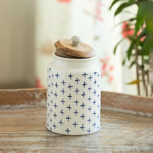 Image of ExclusiveLane 'StarMark' Multi-Utility Airtight Ceramic Jars For Kitchen Storage With Wooden Lid Ceramic Containers For Pickle Cookies Sugar Dry Fruits (Airtight, 670 ML, Hand-Painted, 18 Cm)