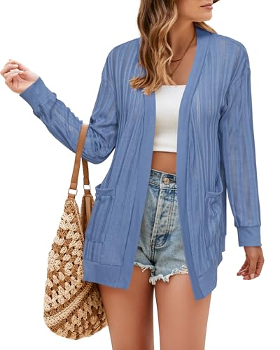 Image of STYLEWORD Women's 2026 Summer Fashion Cardigan Lightweight Boho Knit Hollow Beach Cover Up Kimonos Open Front with Pockets
