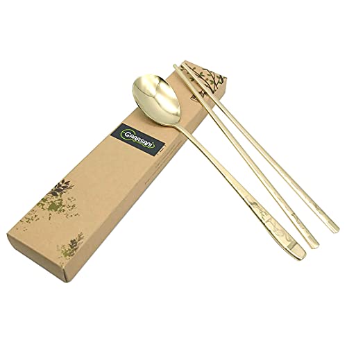 GARASANI Korean Traditional Spoon and Chopsticks Gold Titanium Plated Stainless Steel Cutlery (Gold Longevity)