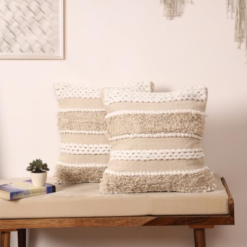 Image of Boho Cushion Covers 16x16 Inch Pack of 1| Handcrafted Woven Tufted Cotton Throw Pillow Covers | Bohemian Decorative Pillow Covers | Beige Cream Textured Pillow Covers (1 Piece)