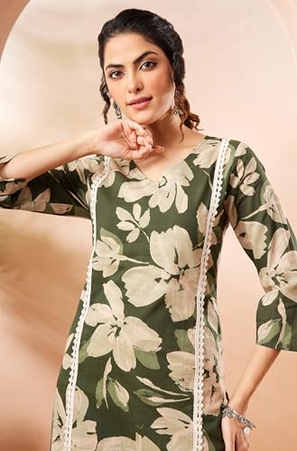 Image of Janasya Women's Olive Pure Cotton Floral Printed Straight Kurta Pant Set