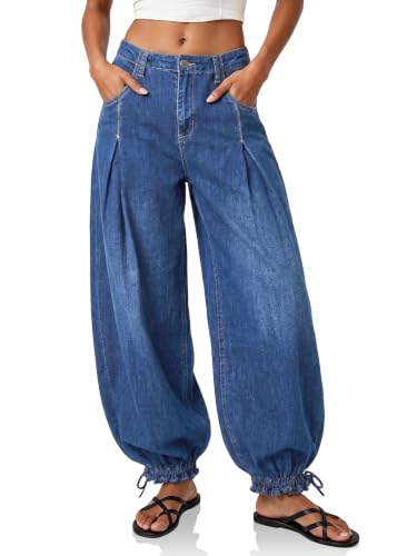 Cicy Bell Womans Baggy High Waisted Balloon Pleated Wide Leg Jeans Blue