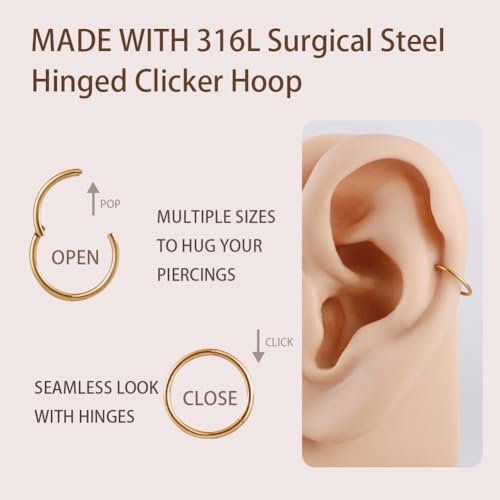 Image of FANSING Men Women 316L Surgical Steel Hinged Nose Rings Hoop for Nostril Septum Cartilage Helix Daith Tragus Rook Conch Lip Ear Lobe Piercings