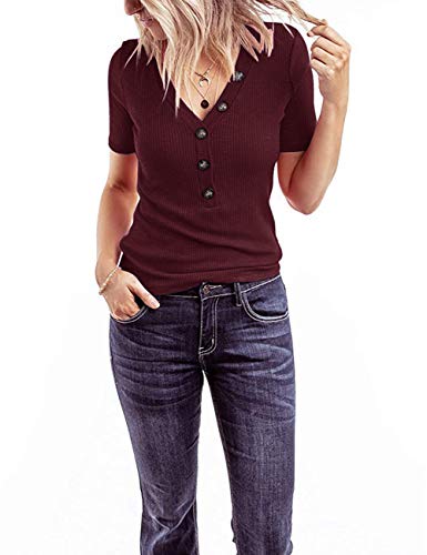 MEROKEETY Women's Short Sleeve V Neck Ribbed Button Tops Basic Solid Color Tee Shirts - Image 3