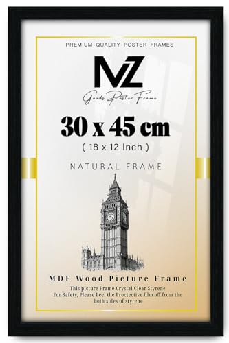 MZ GOODS - Gorgeous Flat Rectangle MDF Wood Wall Hanging (30 x 45 CM) | Poster Certificate Frame with Backboard Styrene Included–18 x 12 Inch for Gifts [ Black ]