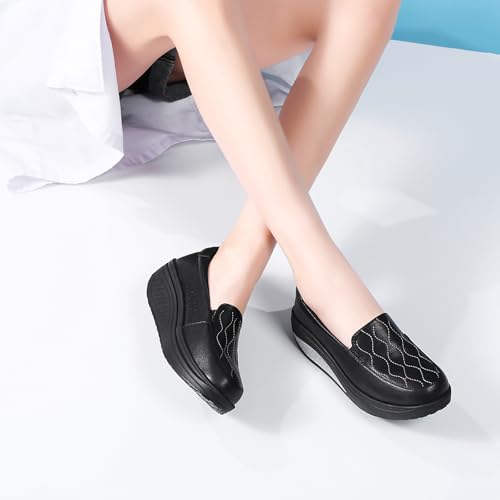 Image of Women's Leather Platform Slip On Nurse Loafers Comfortable Lightweight Wedge Orthotic Sneakers Casual Rocker Shoes
