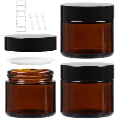 2 oz Amber Round Glass Jars, Pack of 3 with Black Lids, Cosmetics Containers for Face Cream Lotion, Powder, Candle, Spice, Body Butter Cover