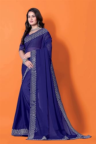Image of FASHION Women's Trendy Banarasi Kanjivaram Navy Color Art Silk Saree with Blouse Material