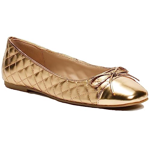 MOOMMO Women Cap Toe Flats Bow Slip On Ballet Flats Comfort Quilted Metallic Flat Shoes Round Toe Flat Heel Dress Shoes Office Ladies Party Chic Driver Flats Cute Quilted Gold Size 7.5 M US2