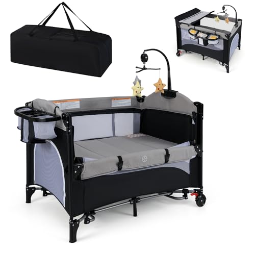 DREAMADE Reisebett mit Matratze, 5 in 1 Beistellbett Baby mit Rollen & Wickelauflage & Spieluhr, 110×76cm Babybett mit Tragetasche, für Neugeborene & Baby (Grau)