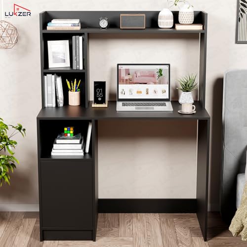 Image of Lukzer ST-009 Black Multi-Purpose Computer Desk with Bookshelf | Engineered Wood | Study Table for Students & Adults | Laptop Table for Home Office Gaming & Workstation | (100x50x134 cm)