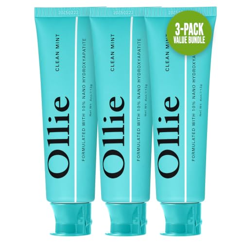 Ollie Clean Mint Nano Hydroxyapatite Toothpaste for Teeth Whitening 10% Hydroxyapatite Formula (Pack of 3 4oz)