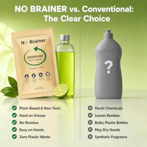 Image of NO BRAINER Dishwash Powder to Liquid | Natural Plant-Based, Non-Toxic Liquid | Hard on Grease, Easy on Hands | No Residue | Baby & Pet Safe | No Plastic Waste | Lime (Bottle + 1 Pouch for 500ml)