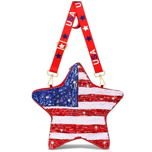 Image of 4th of July Purse for Women Sequin Beaded USA Star Purse American Flag Crossbody Shoulder Bag 4th of July Outfits