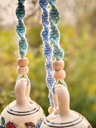 Image of RHD Blessing Macrame with Ceramic Bell Hanging Ornament and Hooks | Boho Macrame Design Wall Decoration for Diwali, Home & Balcony | (Set of 1)