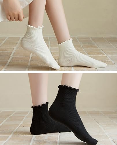 Image of Womens Ankle Casual Socks Lace Ruffle Low Cut Knit Cotton Lettuce Socks for Women Girls