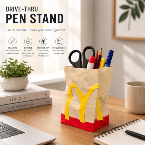 Image of Drive-Thru Style Crumpled Takeout Bag Pen Holder - Funny Desk Organizer, 3D Printed Fast Food Inspired Pencil Cup for Office, Gaming Desk or Study Table