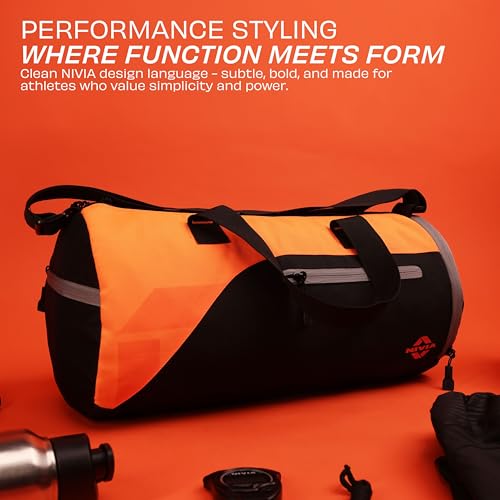Image of Nivia Fuse Gym Duffle Bag for Men and Women, 25L Lightweight Training and Travel Bag with Shoe Compartment, Quick Access Pockets, and Adjustable Strap, Designed for Athletes, Travel (Black /Orange)