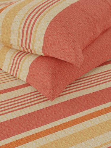 Image of KOPA Extra Smooth Cotton Double Bedsheet with 2 Pillow Covers -3pc Set (Lopez) | Extra Smooth Cotton | 1 Double Bedsheet with 2 King Size Pillow Covers Stripe-Brick /Beige