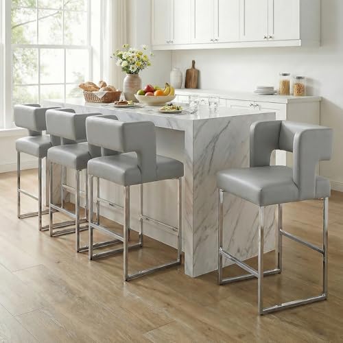 Image of 26 inch H Bar Stools Set of 4 with Back, Faux Leather Counter Height Stools with Footrest, Square Metal Frame, Modern Upholstered Bar Chairs for Kitchen Island /Dining Room, Light Grey&Silver Legs