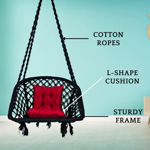 Image of Swingzy Cotton Netted Rope D Shape Hammock Hanging Swing Chair /Jhula for Adults & Kids /Swing with L Shape Red Cushion for Indoor, Outdoor, Garden /Swing Chair with Free Hanging Accessories (Black)