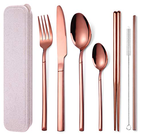 AARAINBOW 7 Pieces Stainless Steel Flatware Set Portable Reusable Cutlery Set Travel Utensils Set Including Chopsticks Knife Fork Spoon Straws Cleaning Brush Dishwasher Safe (Rose Golden)