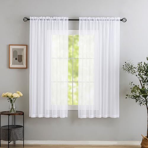 Image of Sheer White Curtains, Sheer Curtains 63 inch Length 2 Panels Set, Rod Pocket Voile Fimly Sheer Drapes for Living Room /Bedroom, Light Filtering Curtain for Small Window 2pcs, Each 52 inch W x 63 inch L