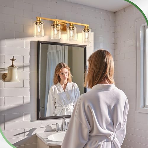 Image of DORESshop 4-Light Vanity Light Fixtures, Gold Bathroom Light Fixtures Over Mirror with Clear Glass Shade, Modern Vanity Lights for Living Room Bedroom