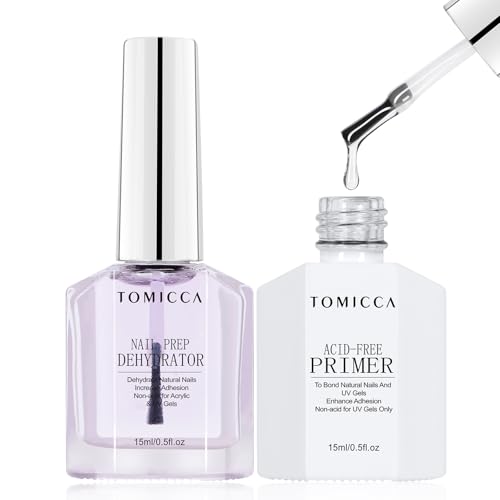 TOMICCA Primer Ongle Gel UV et Nail Déshydrateur Set, 2 * 15ML Sans Acide Séchage Rapide Vernis Semi Permanent en Acrylique Gel Ongles en Primer, Protéger Ongles...